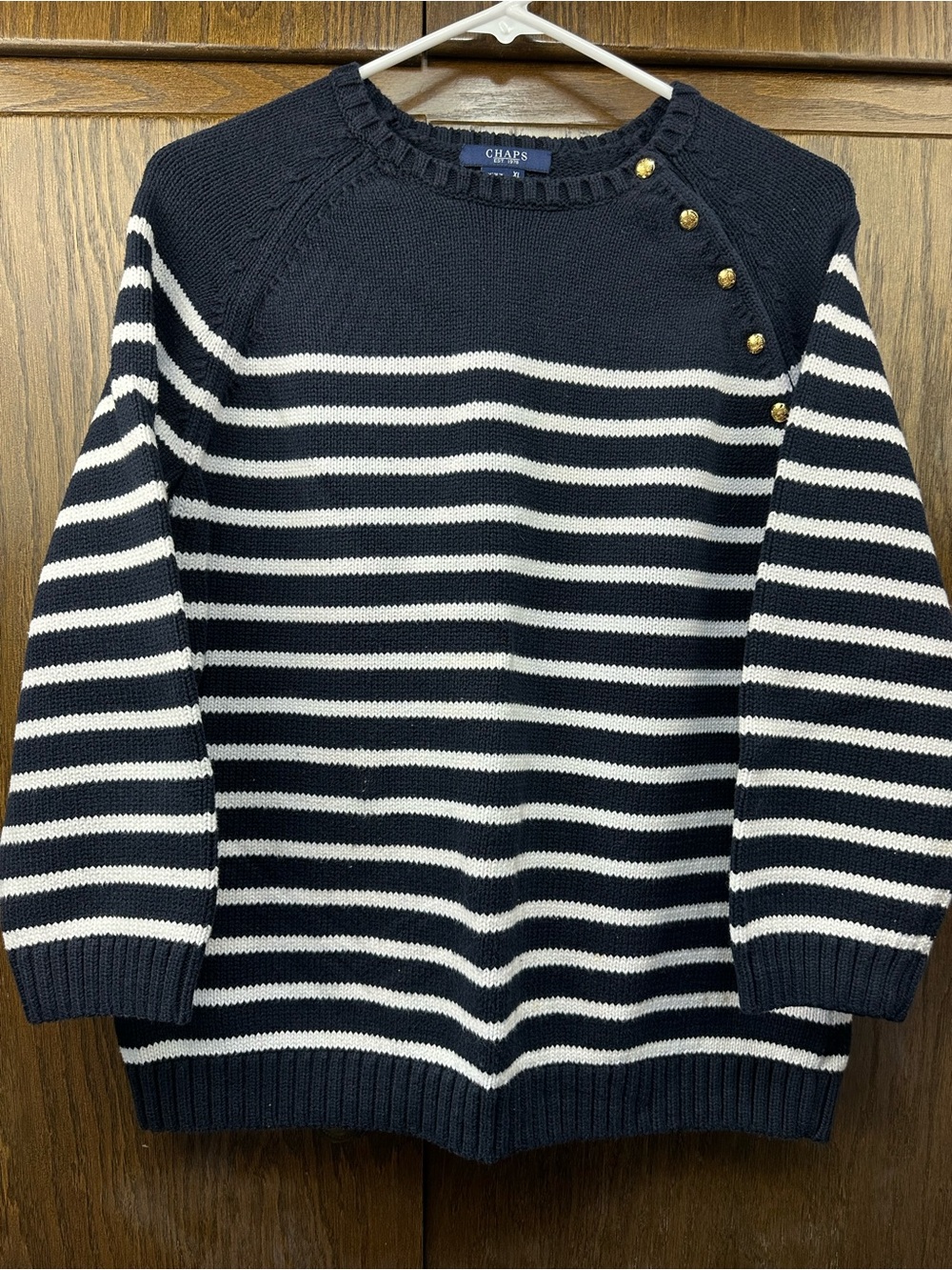 Chaps Navy & White Striped Crewneck Sweater with Gold Shoulder Buttons